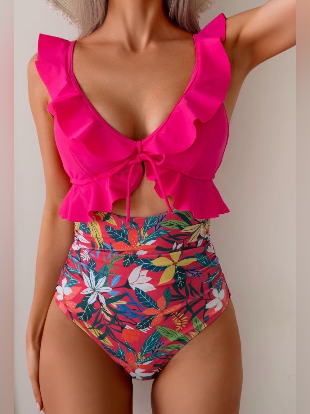 Ruffle Tie-Front One-Piece Swimsuit in Hot Pink with Tropical High-Waist